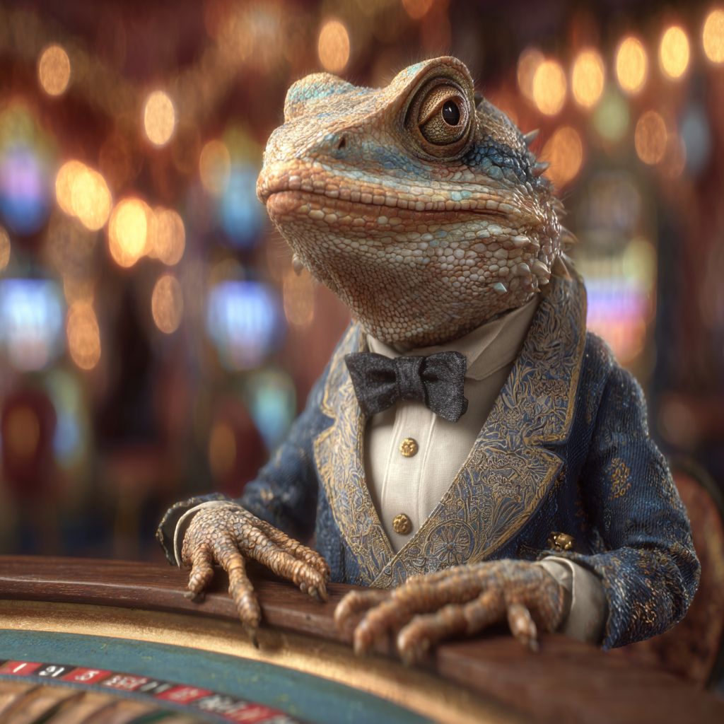 Welcome to Bdnnn Casino Bdnnn lizard in costume in the background of the casino lobby