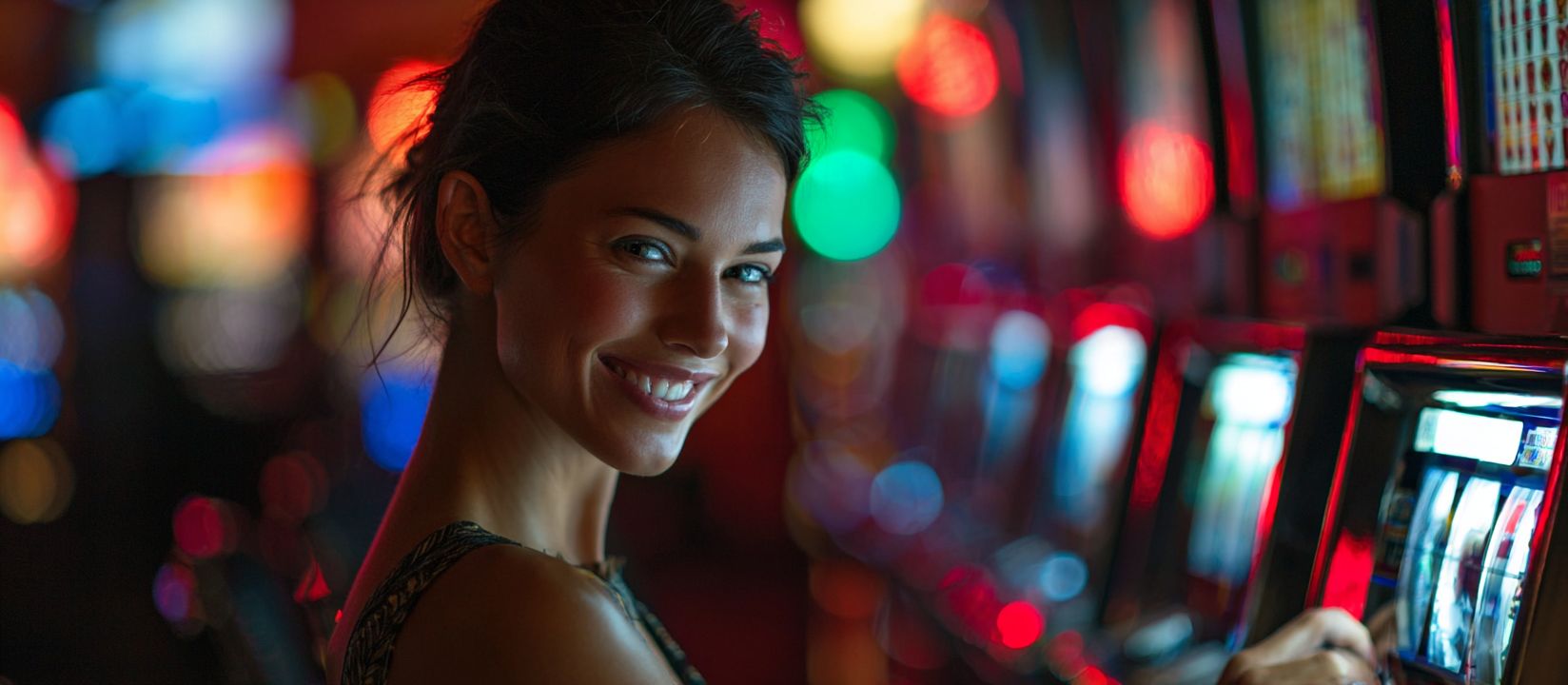 Enjoy top slot games at Bdnnn Casino Smiling woman playing slot machines at Bdnnn Casino